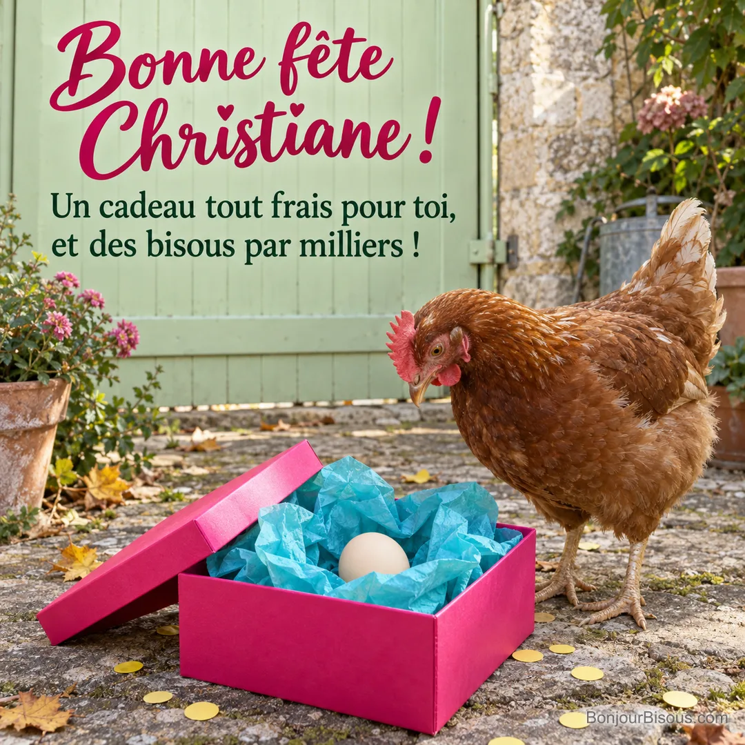 Une poule rousse découvre son œuf au milieu du papier de soie d’une boîte cadeau ouverte. Le message est : « Bonne fête Christiane ! Un cadeau tout frais pour toi, et des bisous par milliers ! ». Une poule rousse découvre son œuf au milieu du papier de soie d’une boîte cadeau ouverte. Le message est : « Bonne fête Christiane ! Un cadeau tout frais pour toi, et des bisous par milliers ! ».