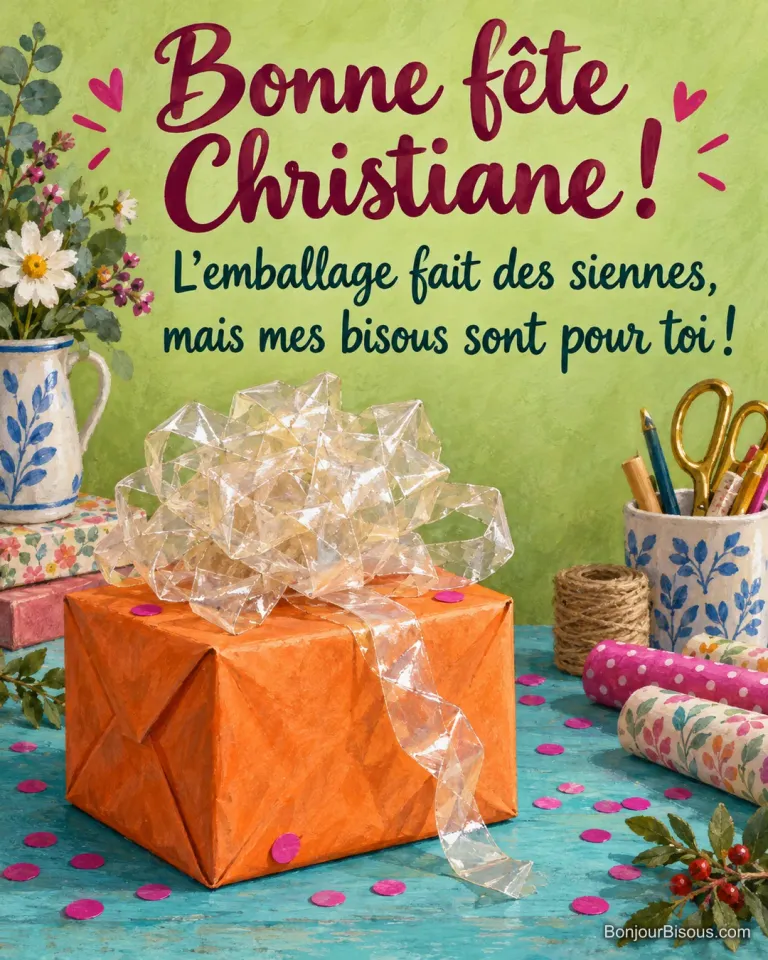 Un paquet orange porte une énorme boucle de ruban adhésif froissée, comme un emballage un peu trop enthousiaste. Le message est : « Bonne fête Christiane ! L’emballage fait des siennes, mais mes bisous sont pour toi ! ».