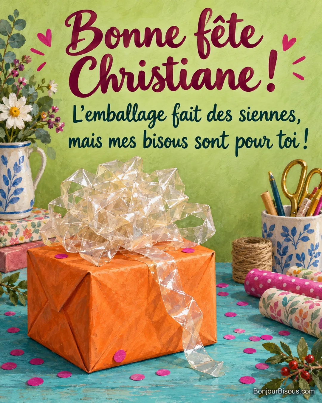 Un paquet orange porte une énorme boucle de ruban adhésif froissée, comme un emballage un peu trop enthousiaste. Le message est : « Bonne fête Christiane ! L’emballage fait des siennes, mais mes bisous sont pour toi ! ». Un paquet orange porte une énorme boucle de ruban adhésif froissée, comme un emballage un peu trop enthousiaste. Le message est : « Bonne fête Christiane ! L’emballage fait des siennes, mais mes bisous sont pour toi ! ».