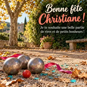 Trois boules de pétanque et un cochonnet rouge sont entourés de confettis et d’un ruban fuchsia. Le message est : « Bonne fête Christiane ! Je te souhaite une belle partie de rires et de petits bonheurs ! ».