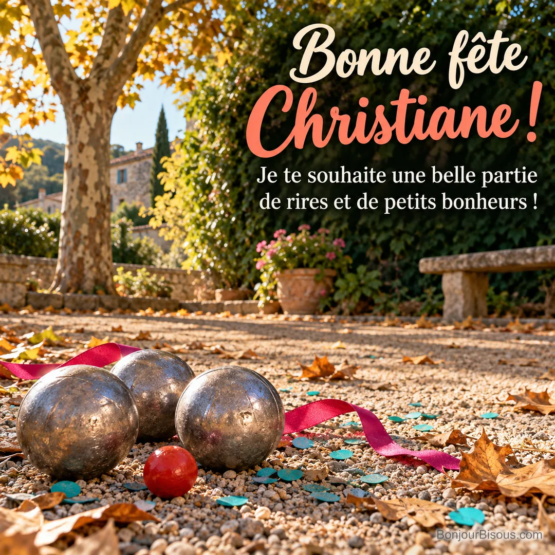 Trois boules de pétanque et un cochonnet rouge sont entourés de confettis et d’un ruban fuchsia. Le message est : « Bonne fête Christiane ! Je te souhaite une belle partie de rires et de petits bonheurs ! ». Trois boules de pétanque et un cochonnet rouge sont entourés de confettis et d’un ruban fuchsia. Le message est : « Bonne fête Christiane ! Je te souhaite une belle partie de rires et de petits bonheurs ! ».