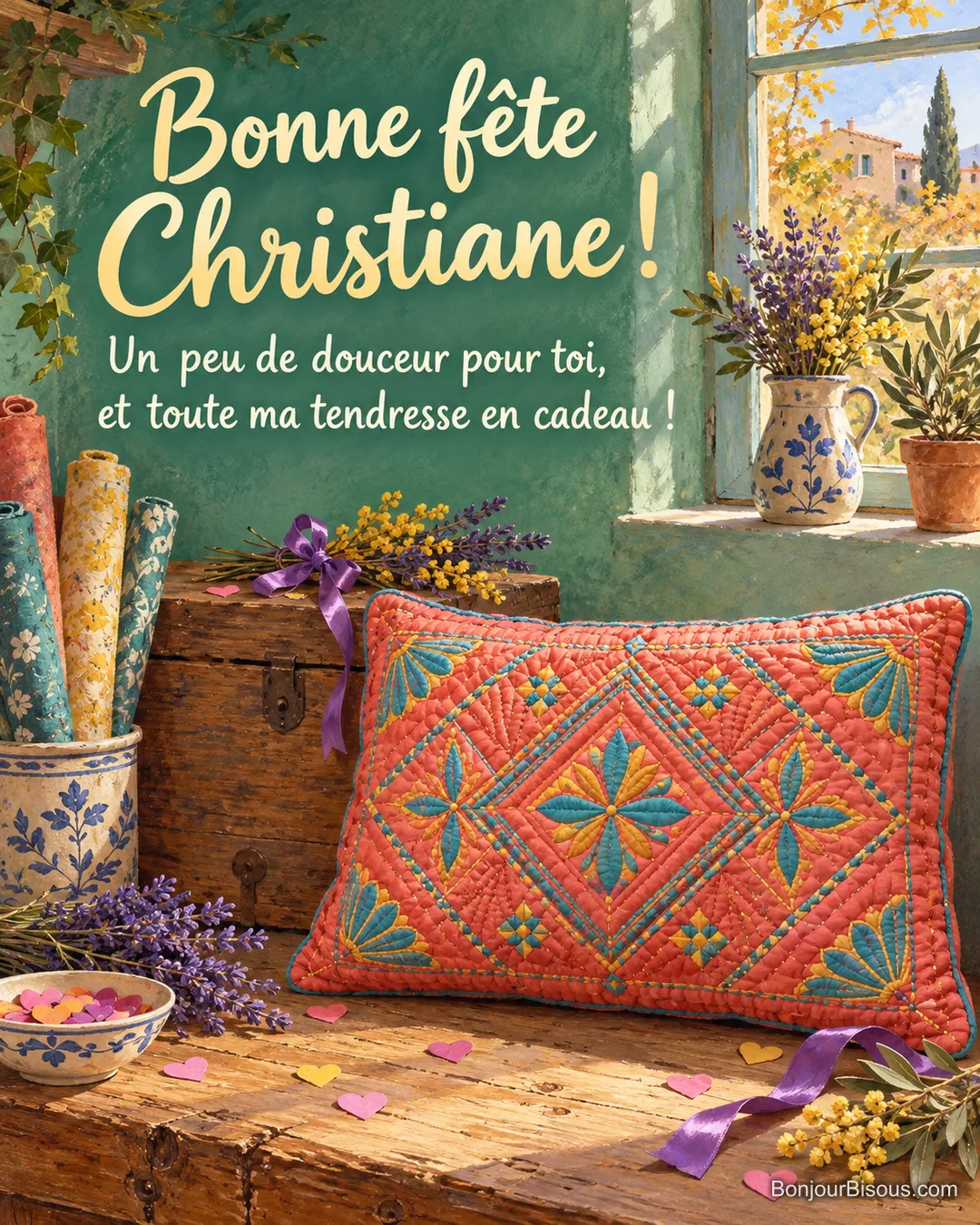 Un coussin en boutis corail aux motifs colorés attend près d’un nœud violet, comme un cadeau plein de douceur. Le message est : « Bonne fête Christiane ! Un peu de douceur pour toi, et toute ma tendresse en cadeau ! ». Un coussin en boutis corail aux motifs colorés attend près d’un nœud violet, comme un cadeau plein de douceur. Le message est : « Bonne fête Christiane ! Un peu de douceur pour toi, et toute ma tendresse en cadeau ! ».