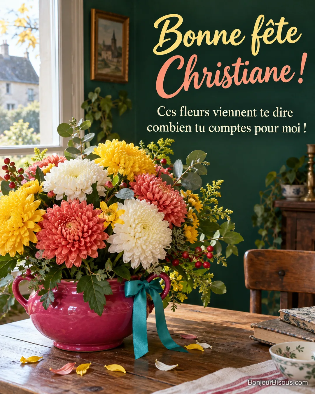 Un bouquet de chrysanthèmes pompon jaunes et corail déborde d’une soupière fuchsia ornée d’un ruban turquoise. Le message est : « Bonne fête Christiane ! Ces fleurs viennent te dire combien tu comptes pour moi ! ». Un bouquet de chrysanthèmes pompon jaunes et corail déborde d’une soupière fuchsia ornée d’un ruban turquoise. Le message est : « Bonne fête Christiane ! Ces fleurs viennent te dire combien tu comptes pour moi ! ».