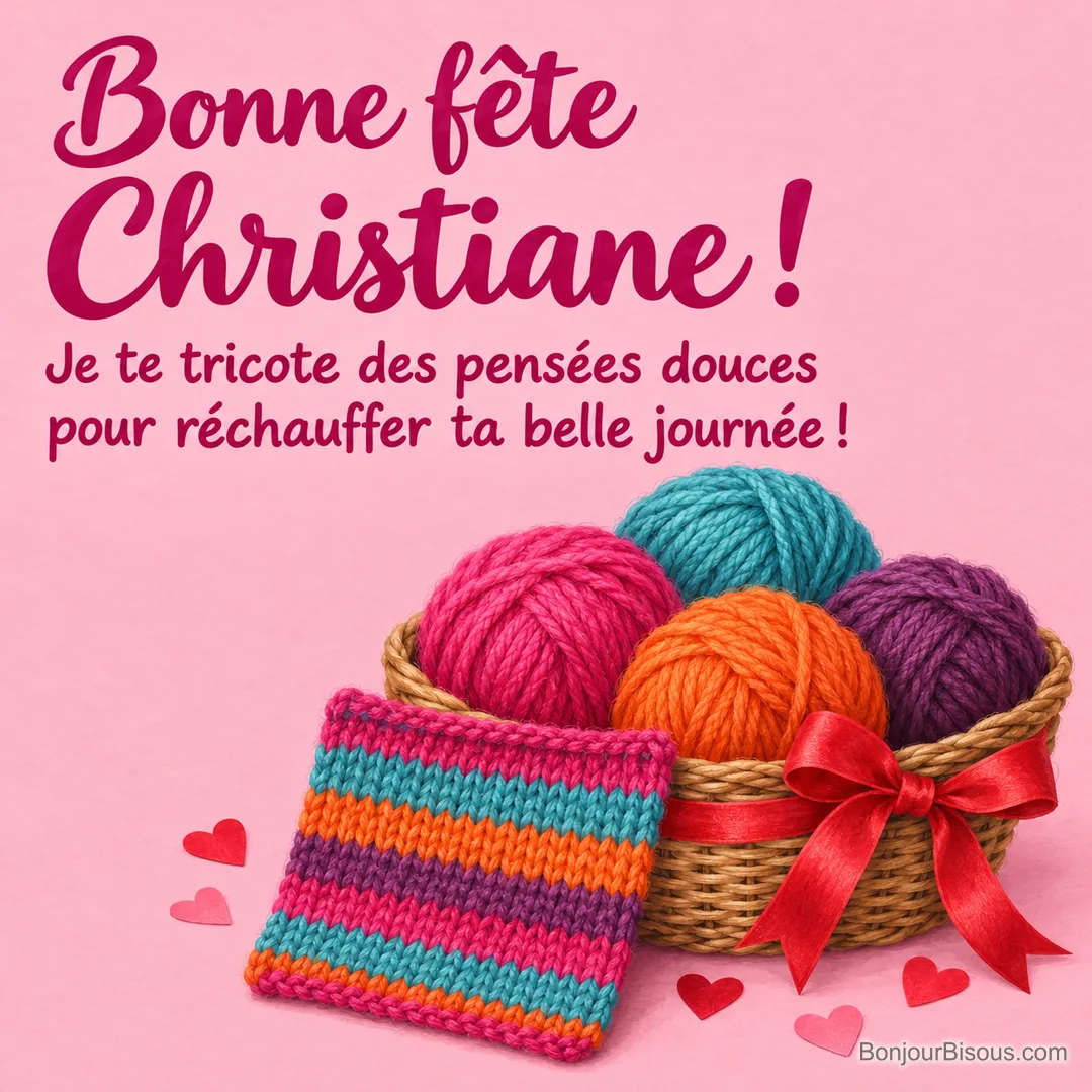 Quatre pelotes colorées dans une corbeille rubanée et un petit carré de tricot terminé composent un cadeau plein de douceur. Le message est : « Bonne fête Christiane ! Je te tricote des pensées douces pour réchauffer ta belle journée ! ». Quatre pelotes colorées dans une corbeille rubanée et un petit carré de tricot terminé composent un cadeau plein de douceur. Le message est : « Bonne fête Christiane ! Je te tricote des pensées douces pour réchauffer ta belle journée ! ».