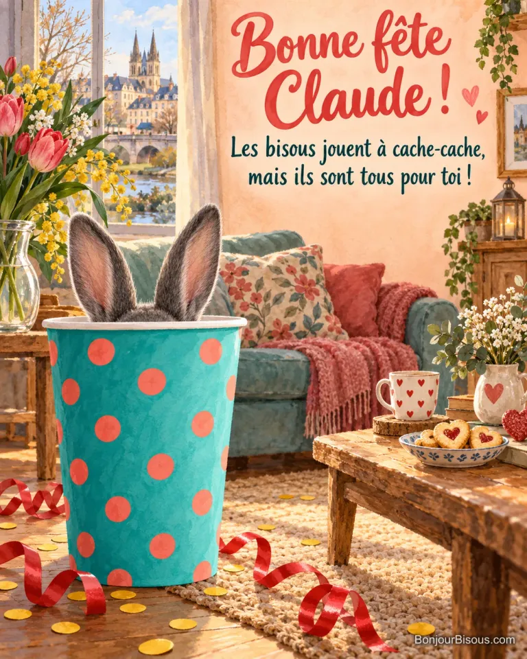 Deux oreilles de lapin dépassent d’un grand gobelet de fête turquoise au milieu des confettis. Le message est : « Bonne fête Claude ! Les bisous jouent à cache-cache, mais ils sont tous pour toi ! ».