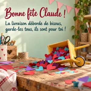 Une brouette miniature jaune renversée répand son chargement de cœurs de papier multicolores. Le message est : « Bonne fête Claude ! La livraison déborde de bisous, garde-les tous, ils sont pour toi ! ».
