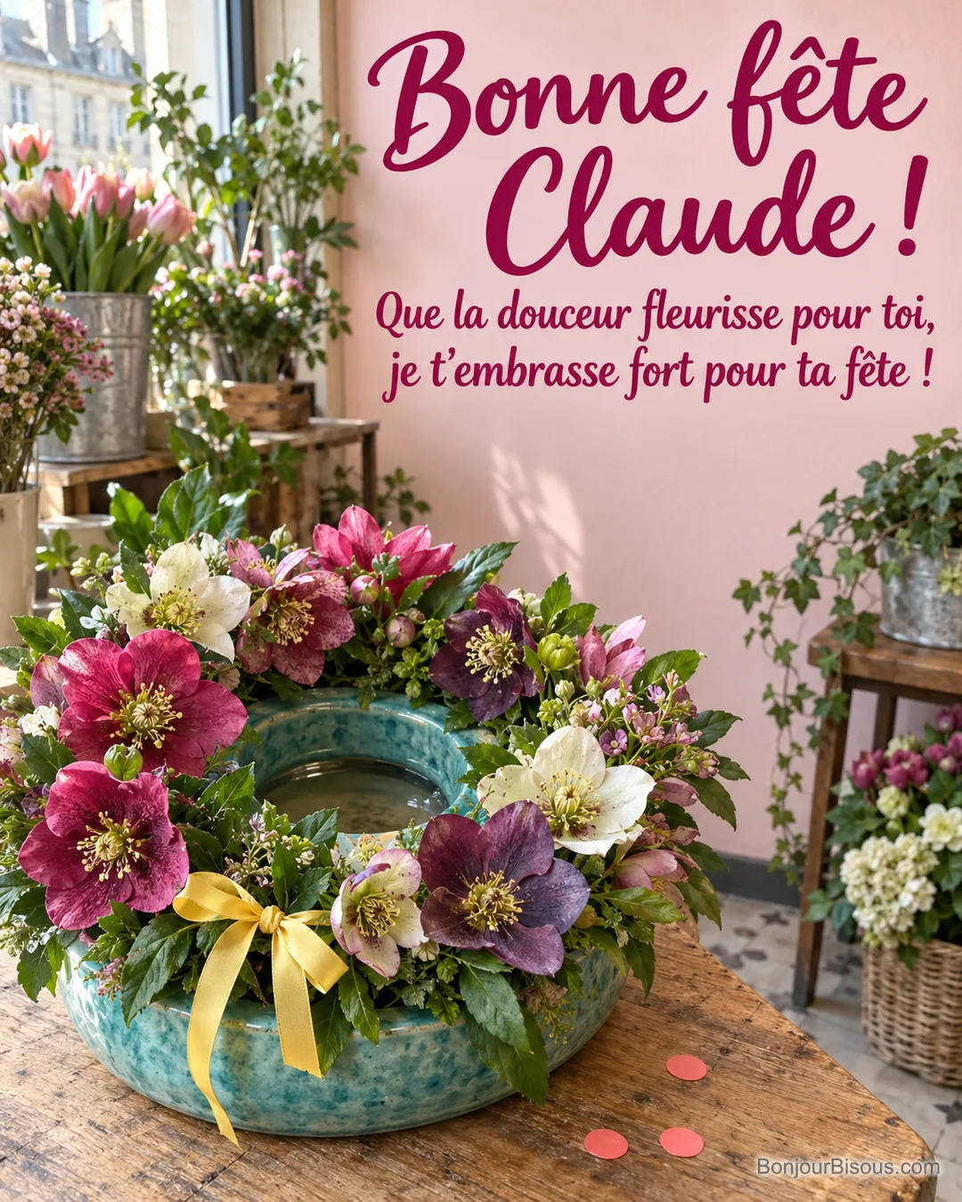 Une couronne d’hellébores roses, blancs et pourpres fleurit dans un anneau de céramique turquoise. Le message est : « Bonne fête Claude ! Que la douceur fleurisse pour toi, je t’embrasse fort pour ta fête ! ».