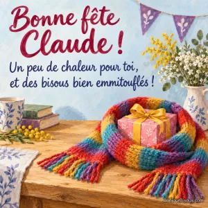 Une écharpe de laine multicolore enveloppe un petit cadeau rose noué de jaune. Le message est : « Bonne fête Claude ! Un peu de chaleur pour toi, et des bisous bien emmitouflés ! ».