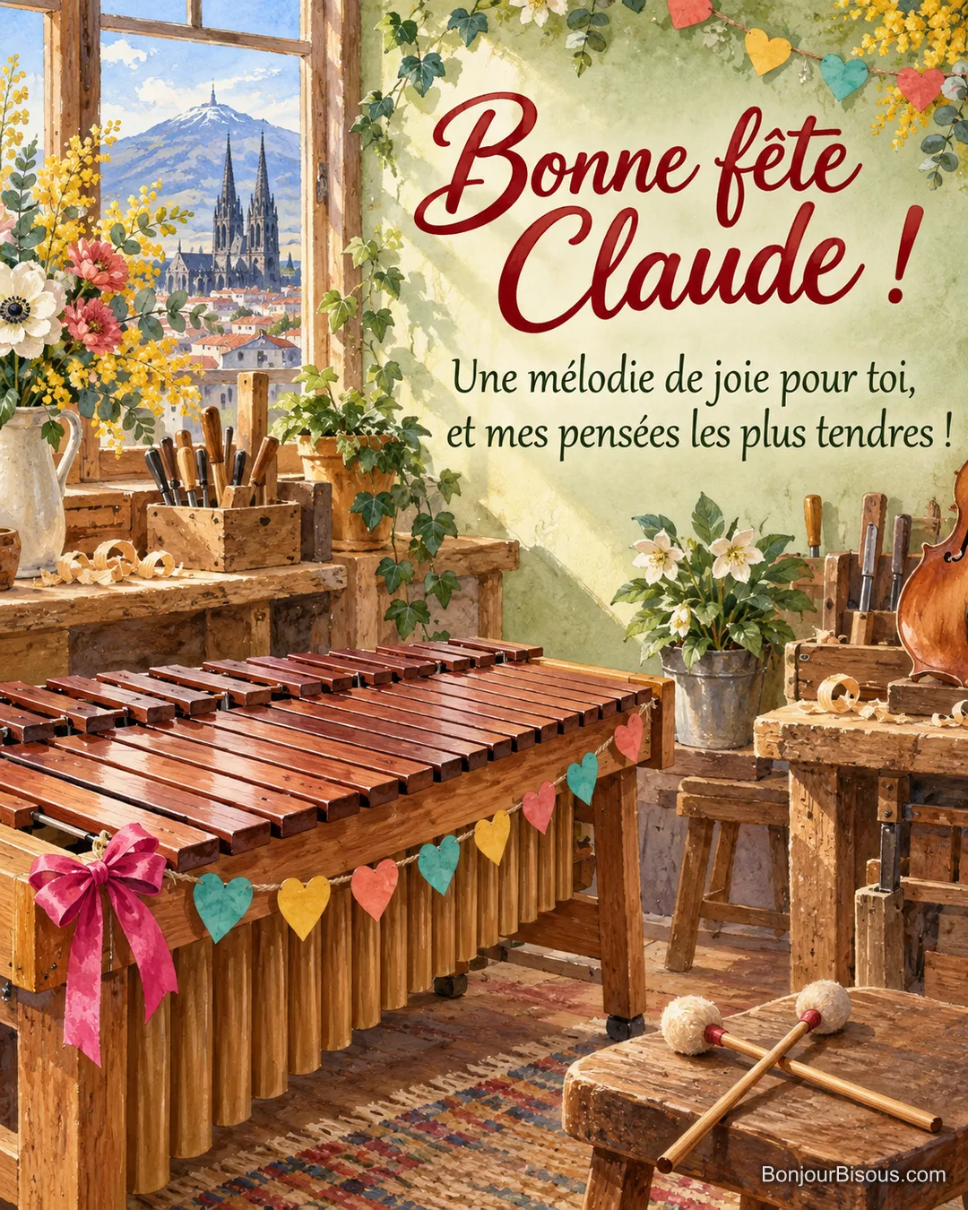 Un marimba en bois offert avec un nœud fuchsia est décoré d’une guirlande de cœurs colorés. Le message est : « Bonne fête Claude ! Une mélodie de joie pour toi, et mes pensées les plus tendres ! ».