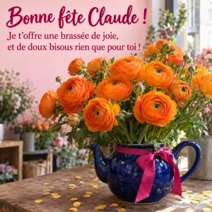 Des renoncules orange de fleuriste débordent d’une théière en céramique bleu cobalt nouée de rose. Le message est : « Bonne fête Claude ! Je t’offre une brassée de joie, et de doux bisous rien que pour toi ! ».