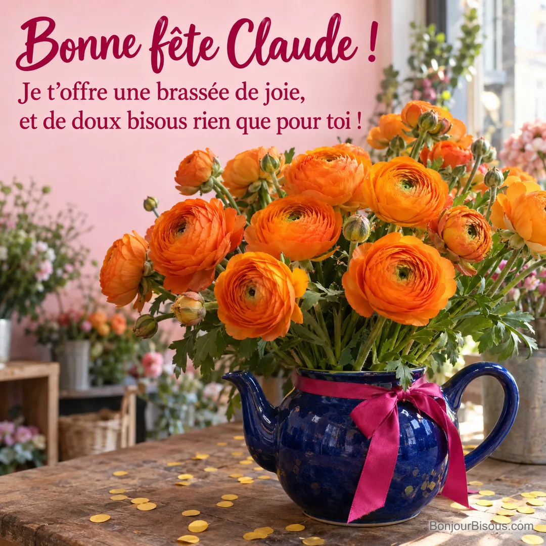 Des renoncules orange de fleuriste débordent d’une théière en céramique bleu cobalt nouée de rose. Le message est : « Bonne fête Claude ! Je t’offre une brassée de joie, et de doux bisous rien que pour toi ! ». Des renoncules orange de fleuriste débordent d’une théière en céramique bleu cobalt nouée de rose. Le message est : « Bonne fête Claude ! Je t’offre une brassée de joie, et de doux bisous rien que pour toi ! ».