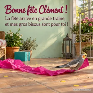 Une calopsitte tire une longue serviette fuchsia comme une traîne de fête beaucoup trop grande, avec le message « Bonne fête Clément ! La fête arrive en grande traîne, et mes gros bisous sont pour toi ! ».