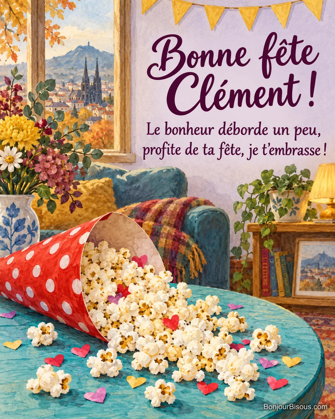 Un cornet rouge de pop-corn bascule sur une table turquoise au milieu de confettis en cœur, avec le message « Bonne fête Clément ! Le bonheur déborde un peu, profite de ta fête, je t’embrasse ! ». Un cornet rouge de pop-corn bascule sur une table turquoise au milieu de confettis en cœur, avec le message « Bonne fête Clément ! Le bonheur déborde un peu, profite de ta fête, je t’embrasse ! ».