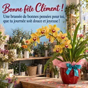 Une orchidée cymbidium jaune et bordeaux est offerte dans un pot rouge avec un nœud turquoise, avec le message « Bonne fête Clément ! Une brassée de bonnes pensées pour toi, que ta journée soit douce et joyeuse ! ».