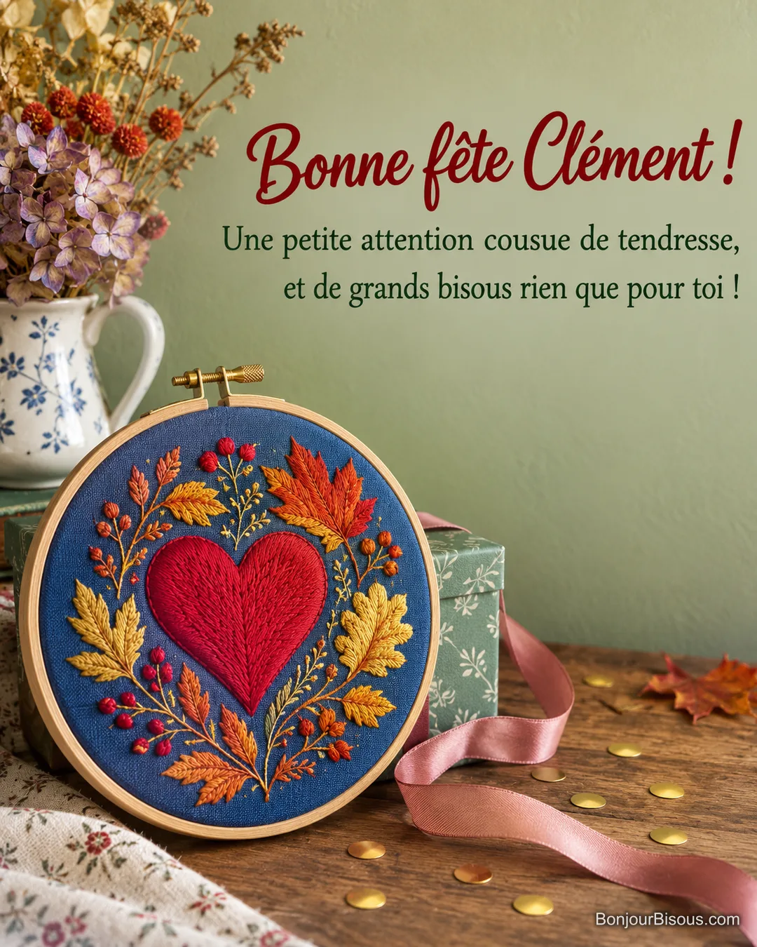 Un cœur rouge entouré de feuilles d’automne est brodé sur du lin bleu dans un tambour en bois, avec le message « Bonne fête Clément ! Une petite attention cousue de tendresse, et de grands bisous rien que pour toi ! ». Un cœur rouge entouré de feuilles d’automne est brodé sur du lin bleu dans un tambour en bois, avec le message « Bonne fête Clément ! Une petite attention cousue de tendresse, et de grands bisous rien que pour toi ! ».