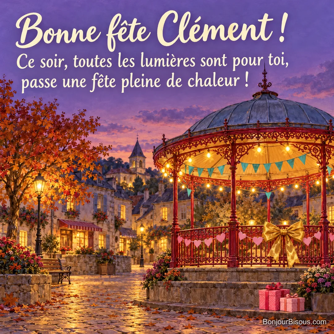 Un kiosque rouge illuminé accueille guirlandes de cœurs et cadeaux sur une place au crépuscule, avec le message « Bonne fête Clément ! Ce soir, toutes les lumières sont pour toi, passe une fête pleine de chaleur ! ». Un kiosque rouge illuminé accueille guirlandes de cœurs et cadeaux sur une place au crépuscule, avec le message « Bonne fête Clément ! Ce soir, toutes les lumières sont pour toi, passe une fête pleine de chaleur ! ».
