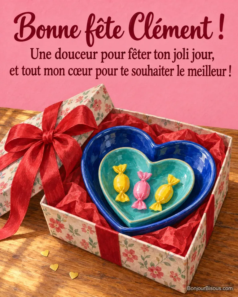 Deux coupelles en cœur bleues contiennent trois douceurs enveloppées de papiers roses et jaunes, avec le message « Bonne fête Clément ! Une douceur pour fêter ton joli jour, et tout mon cœur pour te souhaiter le meilleur ! ».