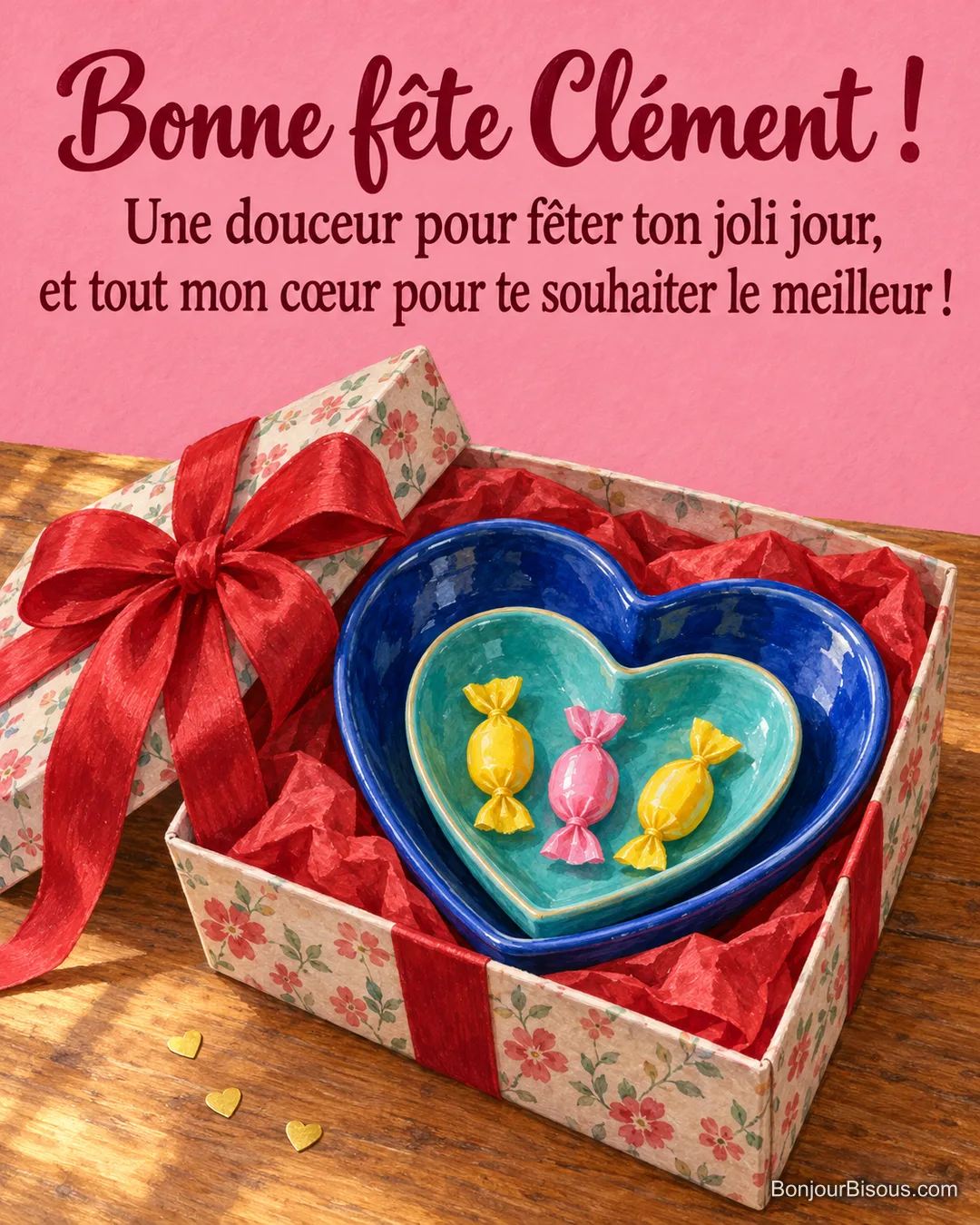 Deux coupelles en cœur bleues contiennent trois douceurs enveloppées de papiers roses et jaunes, avec le message « Bonne fête Clément ! Une douceur pour fêter ton joli jour, et tout mon cœur pour te souhaiter le meilleur ! ». Deux coupelles en cœur bleues contiennent trois douceurs enveloppées de papiers roses et jaunes, avec le message « Bonne fête Clément ! Une douceur pour fêter ton joli jour, et tout mon cœur pour te souhaiter le meilleur ! ».