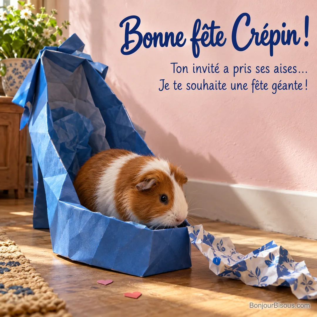 Un cochon d’Inde roux s’installe dans une immense chaussure cadeau bleue, parmi des confettis en cœur, avec le message « Bonne fête Crépin ! Ton invité a pris ses aises… Je te souhaite une fête géante ! ». Un cochon d’Inde roux s’installe dans une immense chaussure cadeau bleue, parmi des confettis en cœur, avec le message « Bonne fête Crépin ! Ton invité a pris ses aises… Je te souhaite une fête géante ! ».