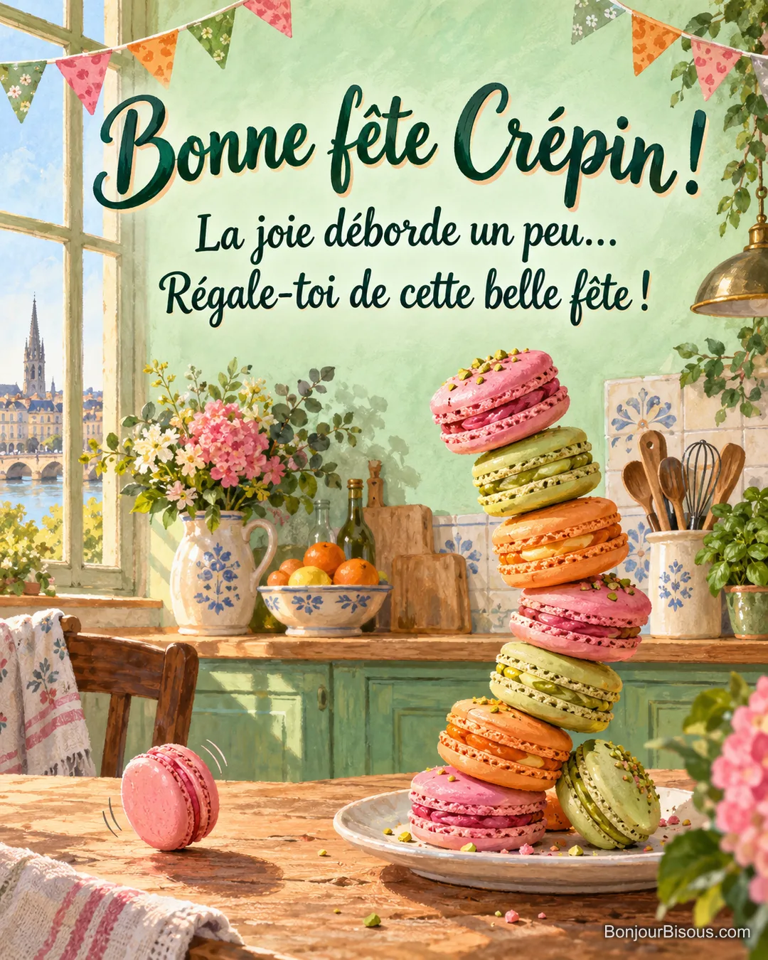 Une tour de macarons multicolores penche joyeusement tandis qu’un macaron s’échappe sur la table, avec le message « Bonne fête Crépin ! La joie déborde un peu… Régale-toi de cette belle fête ! ». Une tour de macarons multicolores penche joyeusement tandis qu’un macaron s’échappe sur la table, avec le message « Bonne fête Crépin ! La joie déborde un peu… Régale-toi de cette belle fête ! ».