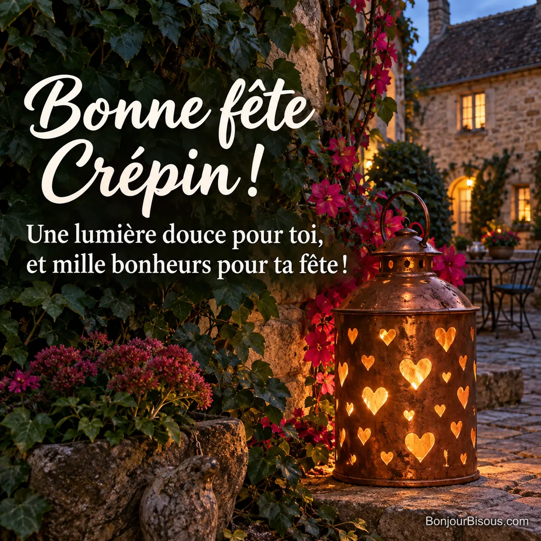 Une lanterne de cuivre aux ouvertures en cœur illumine une cour de pierre au crépuscule, avec le message « Bonne fête Crépin ! Une lumière douce pour toi, et mille bonheurs pour ta fête ! ». Une lanterne de cuivre aux ouvertures en cœur illumine une cour de pierre au crépuscule, avec le message « Bonne fête Crépin ! Une lumière douce pour toi, et mille bonheurs pour ta fête ! ».