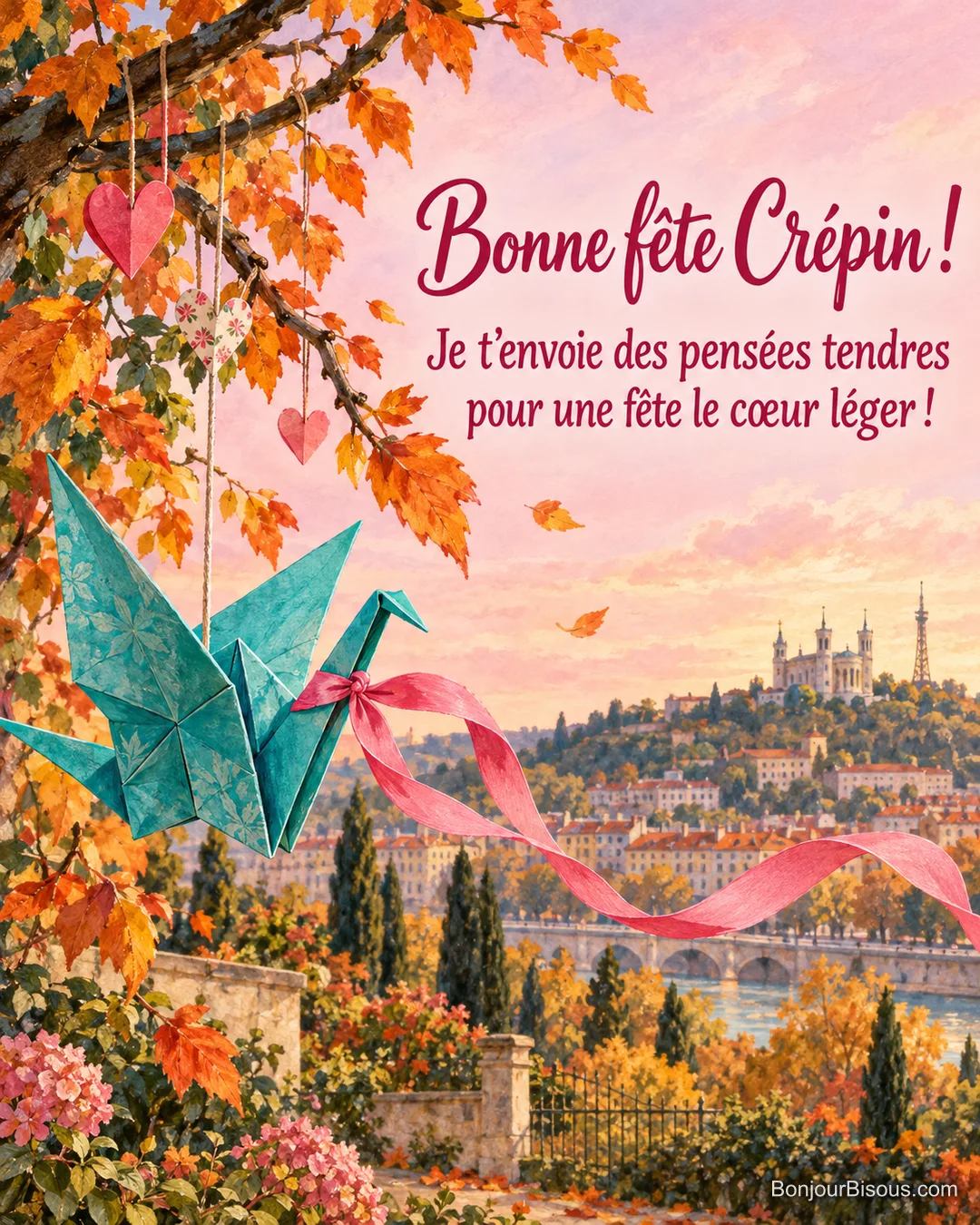 Une grue en origami turquoise porte un ruban rose dans un jardin aux feuilles d’automne, avec le message « Bonne fête Crépin ! Je t’envoie des pensées tendres pour une fête le cœur léger ! ». Une grue en origami turquoise porte un ruban rose dans un jardin aux feuilles d’automne, avec le message « Bonne fête Crépin ! Je t’envoie des pensées tendres pour une fête le cœur léger ! ».