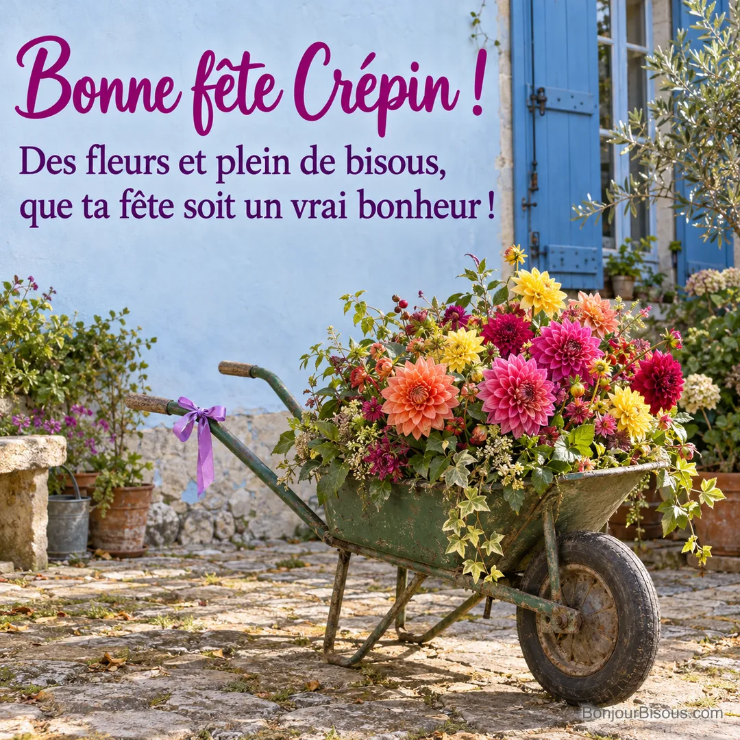 Une brouette verte déborde de dahlias corail, fuchsia et jaunes dans une cour aux volets bleus, avec le message « Bonne fête Crépin ! Des fleurs et plein de bisous, que ta fête soit un vrai bonheur ! ». Une brouette verte déborde de dahlias corail, fuchsia et jaunes dans une cour aux volets bleus, avec le message « Bonne fête Crépin ! Des fleurs et plein de bisous, que ta fête soit un vrai bonheur ! ».