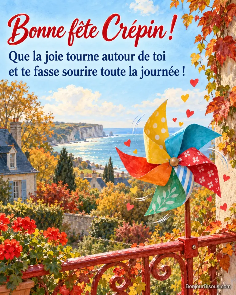 Un moulin à vent de papier multicolore anime un balcon normand parmi des confettis en cœur, avec le message « Bonne fête Crépin ! Que la joie tourne autour de toi et te fasse sourire toute la journée ! ».