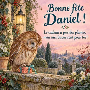 Une chouette ronde est perchée sur une minuscule boîte cadeau dont les coins plient sous son poids. Le message est : « Bonne fête Daniel ! Le cadeau a pris des plumes, mais mes bisous sont pour toi ! ».