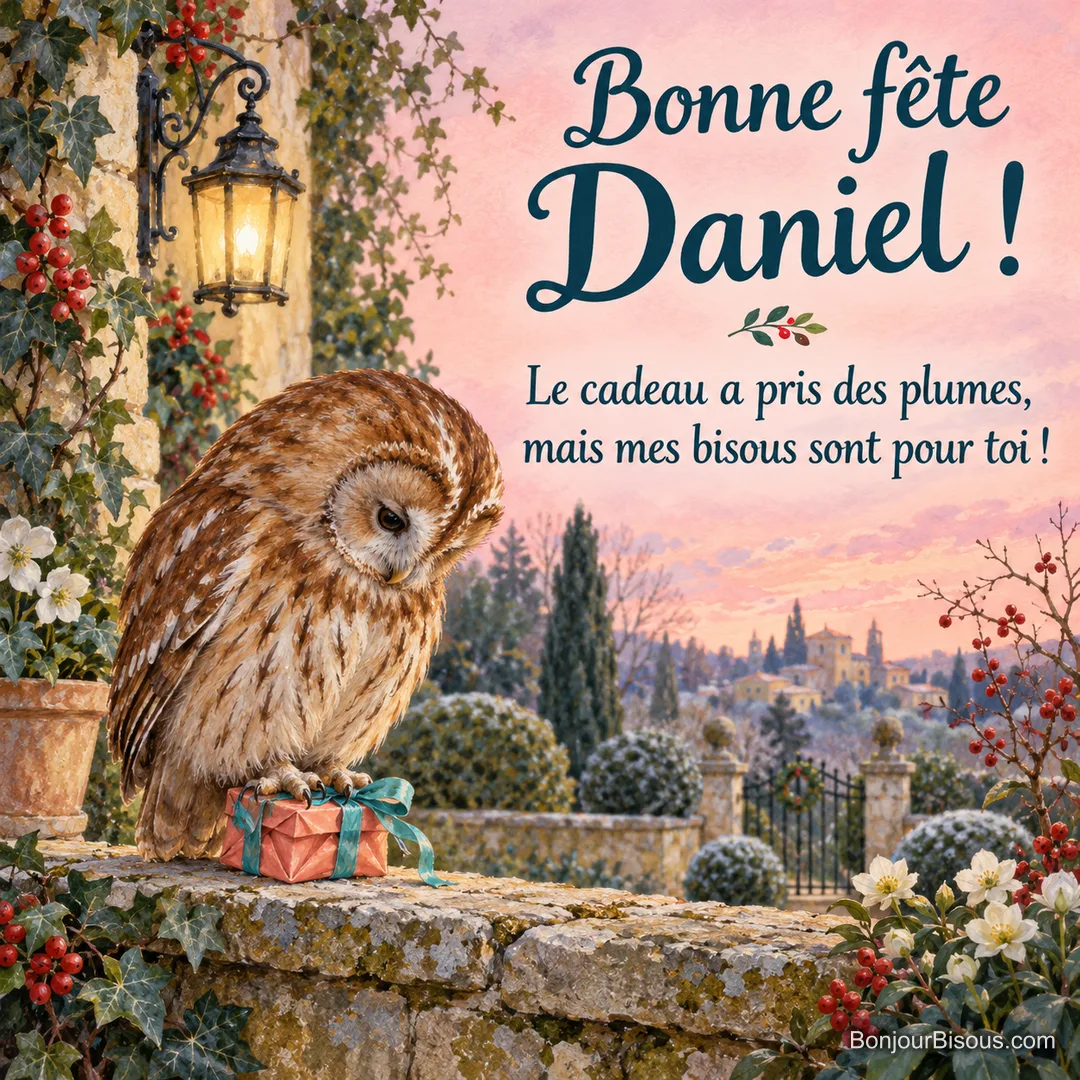 Une chouette ronde est perchée sur une minuscule boîte cadeau dont les coins plient sous son poids. Le message est : « Bonne fête Daniel ! Le cadeau a pris des plumes, mais mes bisous sont pour toi ! ». Une chouette ronde est perchée sur une minuscule boîte cadeau dont les coins plient sous son poids. Le message est : « Bonne fête Daniel ! Le cadeau a pris des plumes, mais mes bisous sont pour toi ! ».