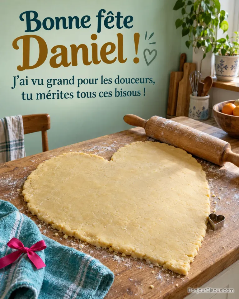 Un énorme cœur de pâte sablée occupe la planche, à côté d’un petit emporte-pièce et d’un rouleau de bois. Le message est : « Bonne fête Daniel ! J’ai vu grand pour les douceurs, tu mérites tous ces bisous ! ».