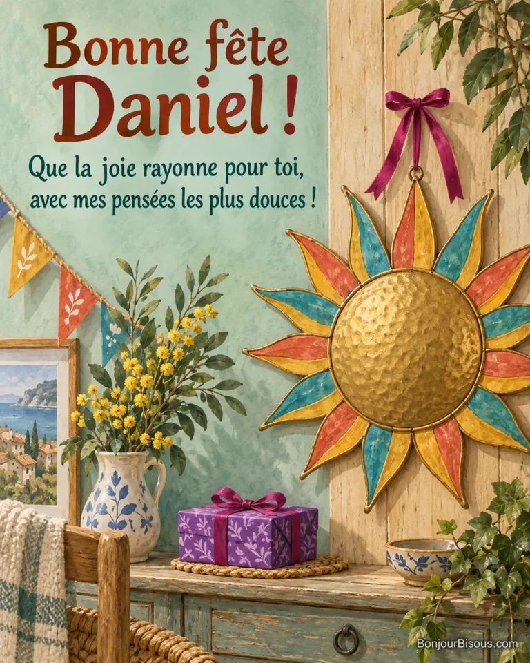 Un soleil artisanal doré aux rayons émaillés colorés illumine un coin de fête. Le message est : « Bonne fête Daniel ! Que la joie rayonne pour toi, avec mes pensées les plus douces ! ».