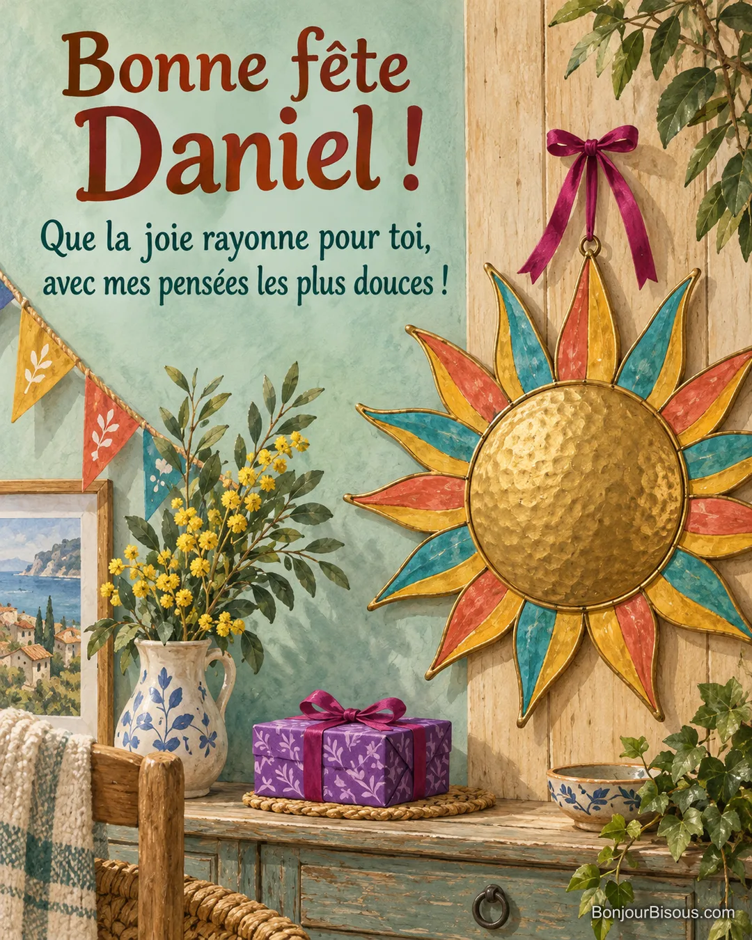 Un soleil artisanal doré aux rayons émaillés colorés illumine un coin de fête. Le message est : « Bonne fête Daniel ! Que la joie rayonne pour toi, avec mes pensées les plus douces ! ».