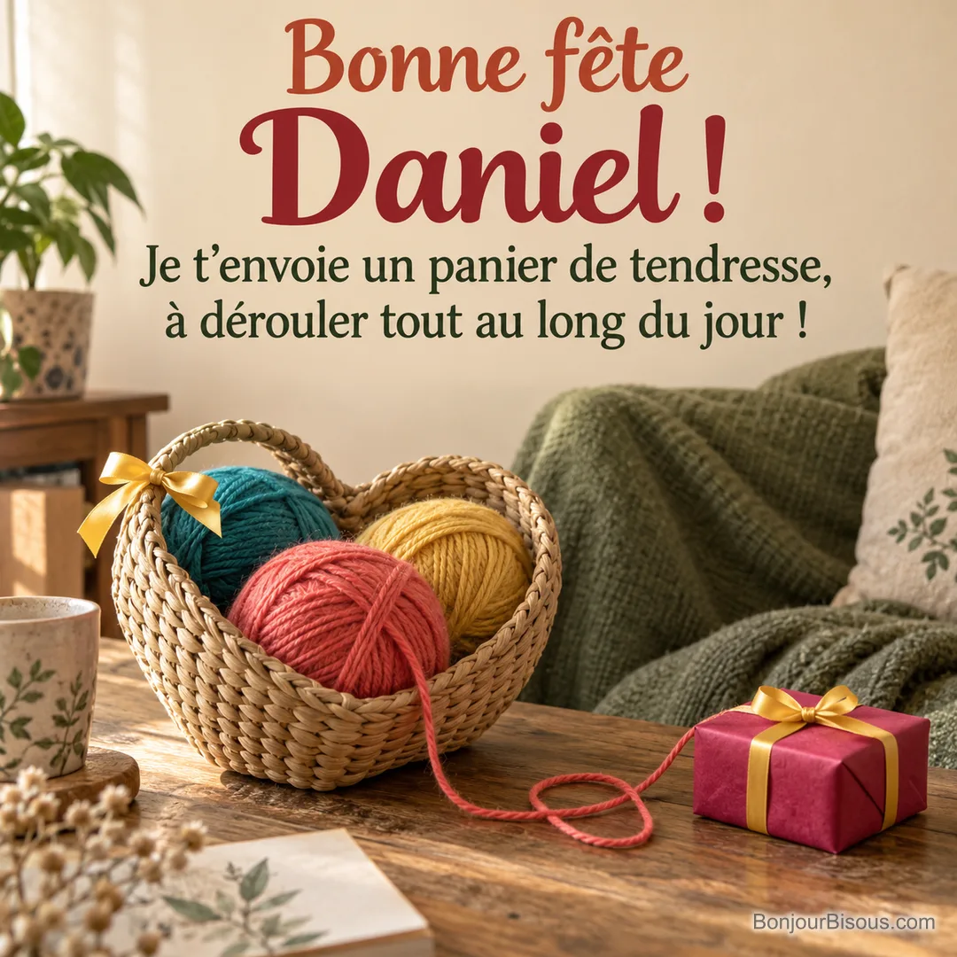 Un panier de jonc en forme de cœur contient des pelotes corail, turquoise et jaune près d’un petit cadeau. Le message est : « Bonne fête Daniel ! Je t’envoie un panier de tendresse, à dérouler tout au long du jour ! ».