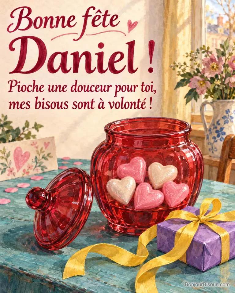 Une bonbonnière de verre rouge ouverte présente cinq petits bonbons en forme de cœur. Le message est : « Bonne fête Daniel ! Pioche une douceur pour toi, mes bisous sont à volonté ! ».