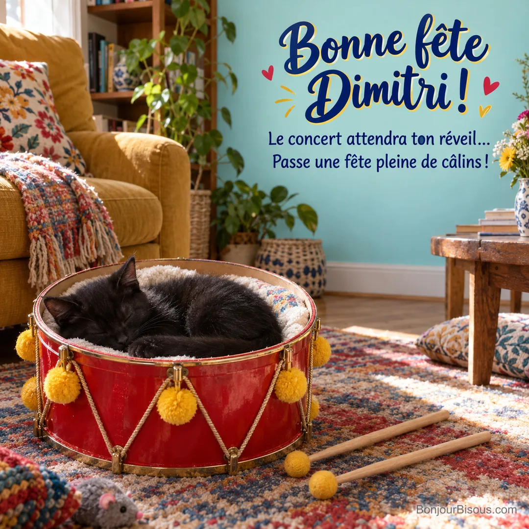 Un chaton noir dort dans un petit tambour de fête ouvert, deux baguettes posées à côté, avec le message « Bonne fête Dimitri ! Le concert attendra ton réveil… Passe une fête pleine de câlins ! ». Un chaton noir dort dans un petit tambour de fête ouvert, deux baguettes posées à côté, avec le message « Bonne fête Dimitri ! Le concert attendra ton réveil… Passe une fête pleine de câlins ! ».