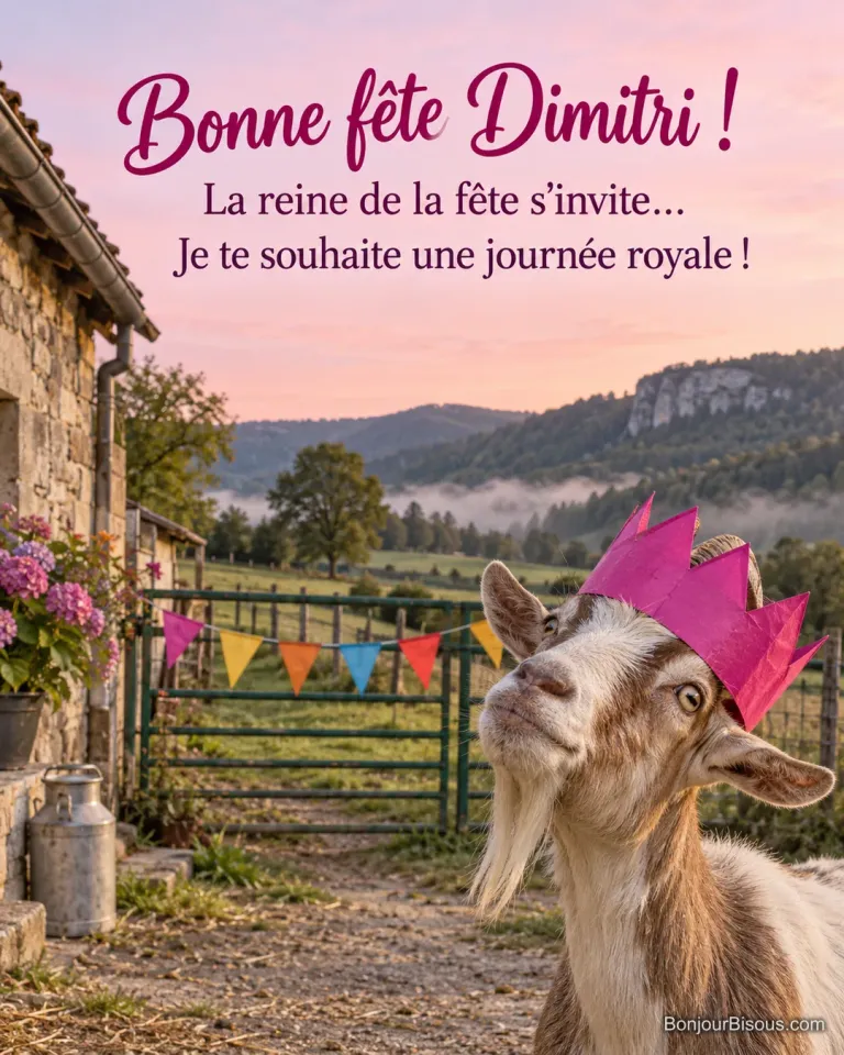 Une chèvre curieuse porte de travers une grande couronne en papier magenta dans une ferme du Jura, avec le message « Bonne fête Dimitri ! La reine de la fête s’invite… Je te souhaite une journée royale ! ».