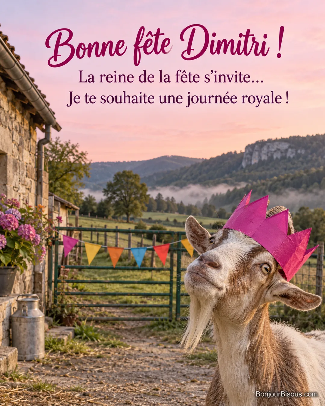 Une chèvre curieuse porte de travers une grande couronne en papier magenta dans une ferme du Jura, avec le message « Bonne fête Dimitri ! La reine de la fête s’invite… Je te souhaite une journée royale ! ». Une chèvre curieuse porte de travers une grande couronne en papier magenta dans une ferme du Jura, avec le message « Bonne fête Dimitri ! La reine de la fête s’invite… Je te souhaite une journée royale ! ».