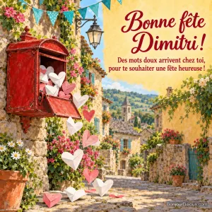 Une boîte aux lettres rouge laisse s’échapper des lettres vierges pliées en cœur dans une rue de village, avec le message « Bonne fête Dimitri ! Des mots doux arrivent chez toi, pour te souhaiter une fête heureuse ! ».