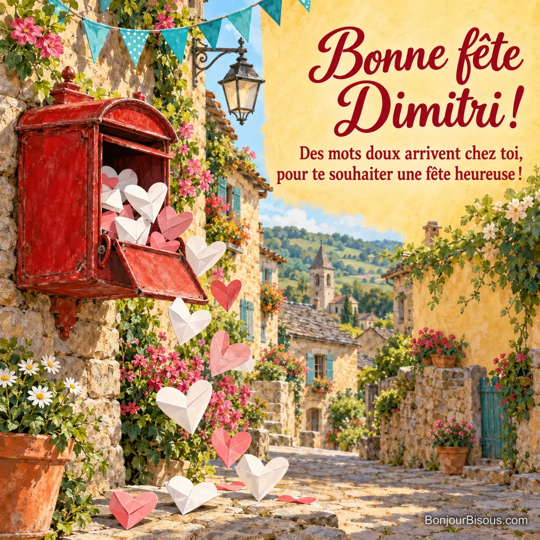 Une boîte aux lettres rouge laisse s’échapper des lettres vierges pliées en cœur dans une rue de village, avec le message « Bonne fête Dimitri ! Des mots doux arrivent chez toi, pour te souhaiter une fête heureuse ! ». Une boîte aux lettres rouge laisse s’échapper des lettres vierges pliées en cœur dans une rue de village, avec le message « Bonne fête Dimitri ! Des mots doux arrivent chez toi, pour te souhaiter une fête heureuse ! ».