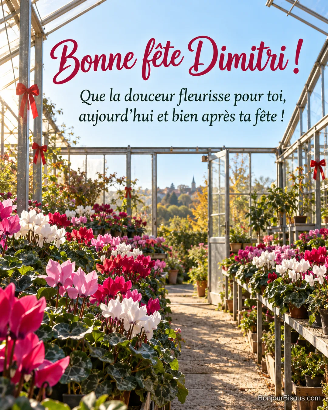 Une serre ensoleillée abrite des cyclamens fuchsia, roses et blancs, avec des rubans festifs rouge cerise, avec le message « Bonne fête Dimitri ! Que la douceur fleurisse pour toi, aujourd’hui et bien après ta fête ! ». Une serre ensoleillée abrite des cyclamens fuchsia, roses et blancs, avec des rubans festifs rouge cerise, avec le message « Bonne fête Dimitri ! Que la douceur fleurisse pour toi, aujourd’hui et bien après ta fête ! ».