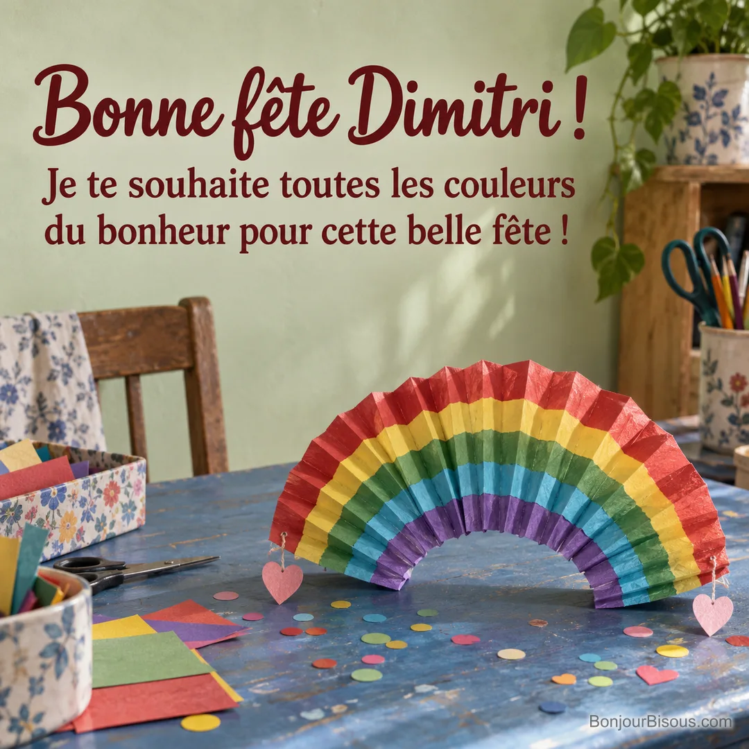 Un arc-en-ciel en papier accordéon déploie ses couleurs au-dessus de petits cœurs dans un atelier, avec le message « Bonne fête Dimitri ! Je te souhaite toutes les couleurs du bonheur pour cette belle fête ! ». Un arc-en-ciel en papier accordéon déploie ses couleurs au-dessus de petits cœurs dans un atelier, avec le message « Bonne fête Dimitri ! Je te souhaite toutes les couleurs du bonheur pour cette belle fête ! ».