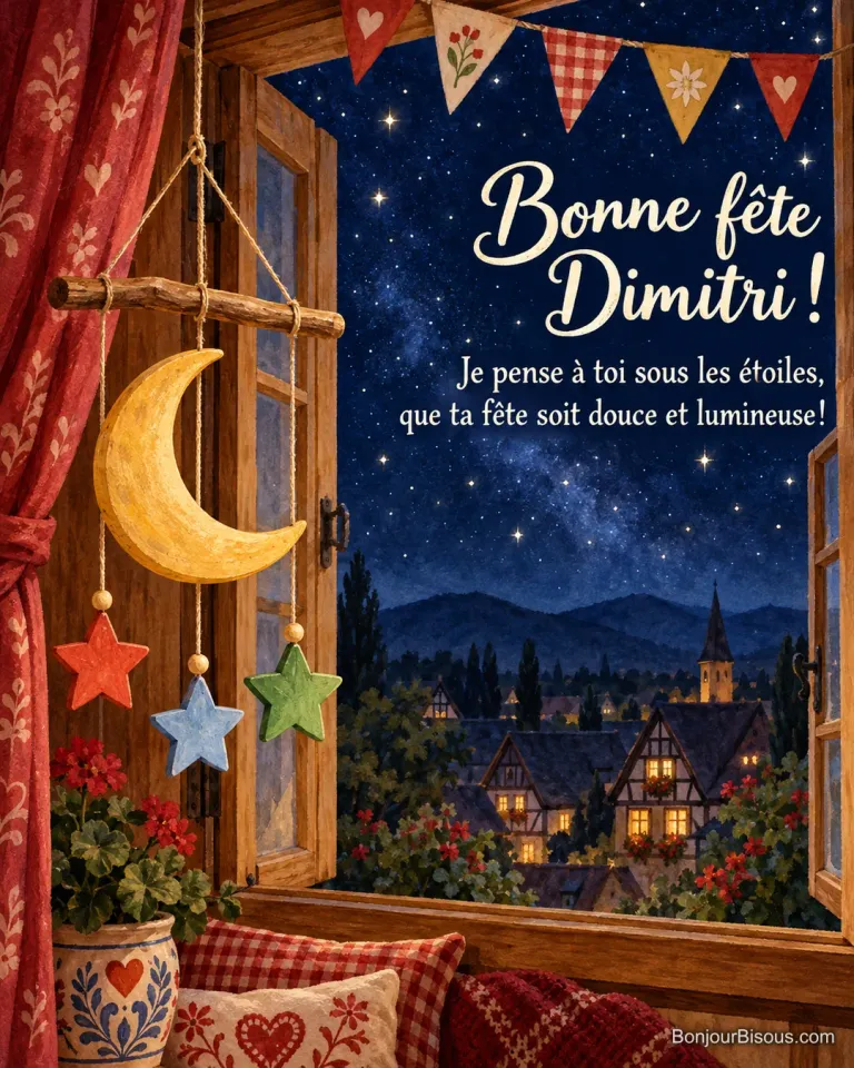 Un mobile de lune dorée et trois étoiles décore une fenêtre ouverte sur une nuit étoilée, avec le message « Bonne fête Dimitri ! Je pense à toi sous les étoiles, que ta fête soit douce et lumineuse ! ».