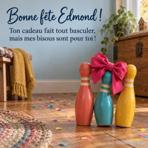 Trois quilles colorées soutiennent un énorme nœud de cadeau qui les fait pencher. Le message dit : « Bonne fête Edmond ! Ton cadeau fait tout basculer, mais mes bisous sont pour toi ! »