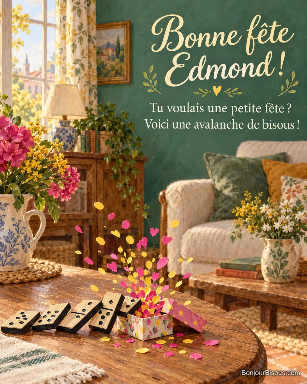 Une cascade de dominos renverse une petite boîte et fait jaillir une volée de confettis. Le message dit : « Bonne fête Edmond ! Tu voulais une petite fête ? Voici une avalanche de bisous ! » Une cascade de dominos renverse une petite boîte et fait jaillir une volée de confettis. Le message dit : « Bonne fête Edmond ! Tu voulais une petite fête ? Voici une avalanche de bisous ! »