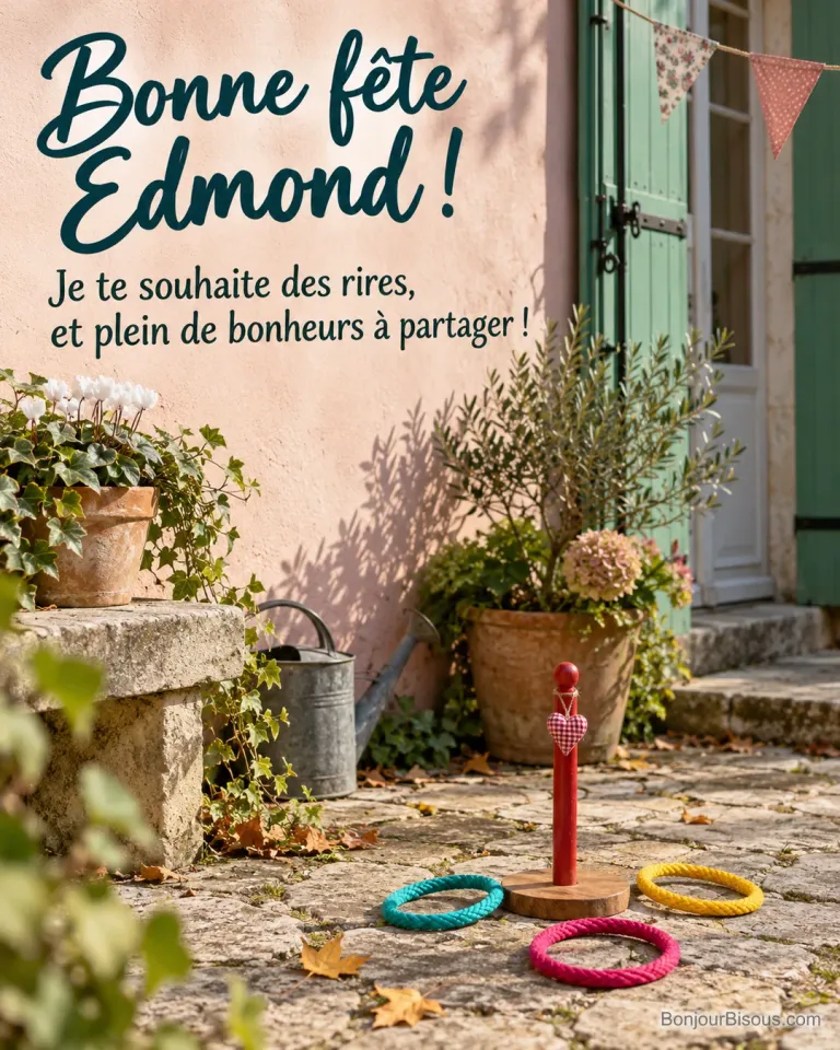 Trois anneaux de jeu entourent un piquet rouge décoré d’un petit cœur de tissu. Le message dit : « Bonne fête Edmond ! Je te souhaite des rires, et plein de bonheurs à partager ! »