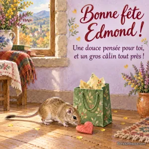 Une gerbille couleur sable découvre un cœur de feutrine près d’un sac cadeau vert. Le message dit : « Bonne fête Edmond ! Une douce pensée pour toi, et un gros câlin tout près ! »