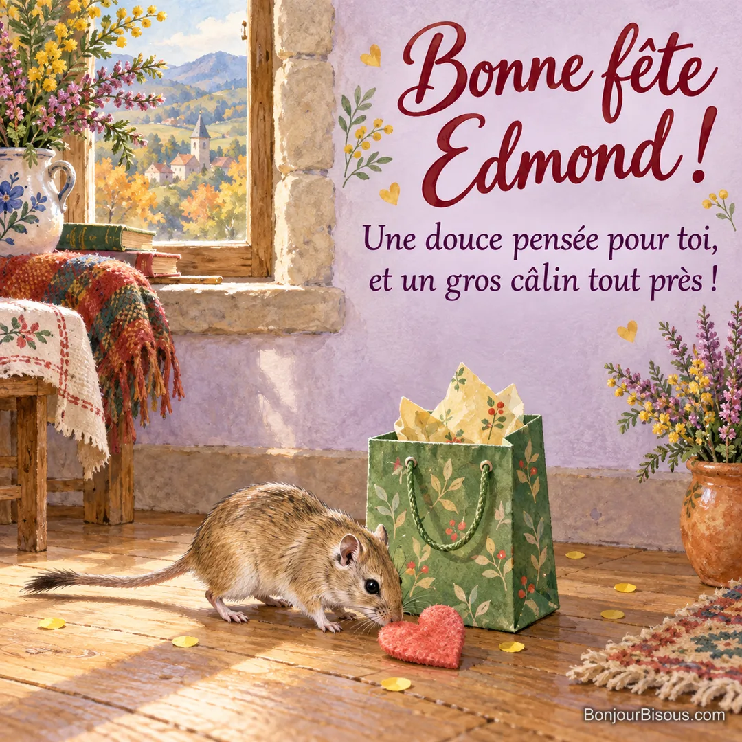 Une gerbille couleur sable découvre un cœur de feutrine près d’un sac cadeau vert. Le message dit : « Bonne fête Edmond ! Une douce pensée pour toi, et un gros câlin tout près ! » Une gerbille couleur sable découvre un cœur de feutrine près d’un sac cadeau vert. Le message dit : « Bonne fête Edmond ! Une douce pensée pour toi, et un gros câlin tout près ! »