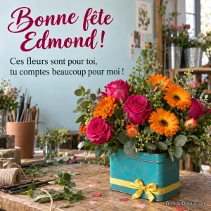 Des gerberas orange et des roses fuchsia débordent d’une boîte métallique turquoise transformée en vase. Le message dit : « Bonne fête Edmond ! Ces fleurs sont pour toi, tu comptes beaucoup pour moi ! »