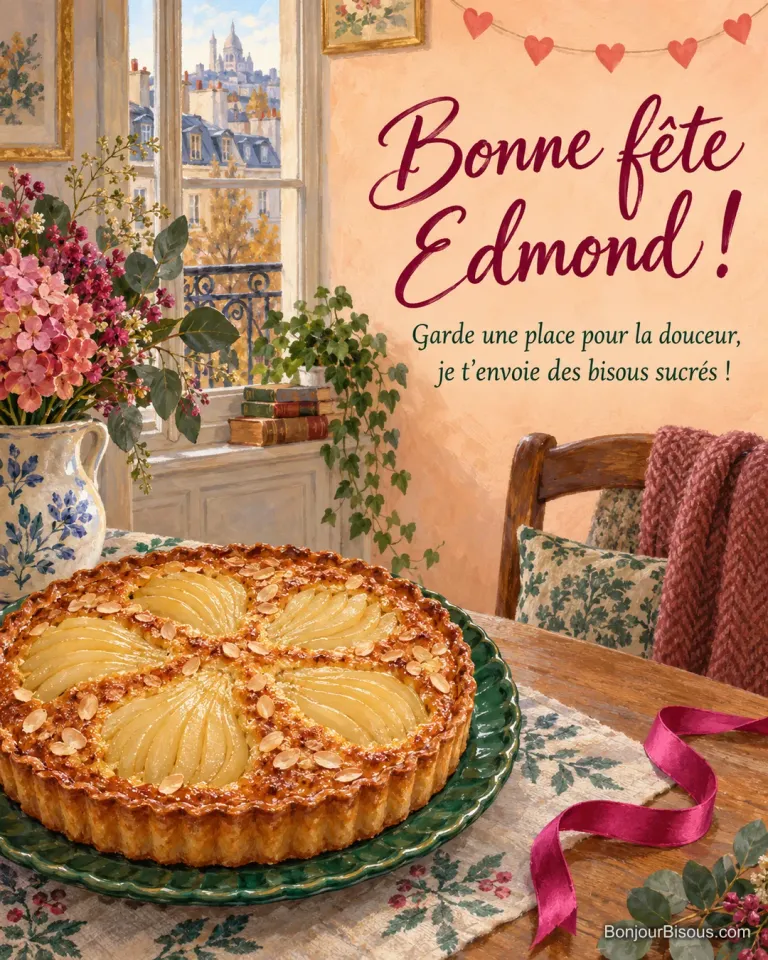 Une tarte bourdaloue aux poires et aux amandes attend sur un plat vert dans un décor de fête. Le message dit : « Bonne fête Edmond ! Garde une place pour la douceur, je t’envoie des bisous sucrés ! »